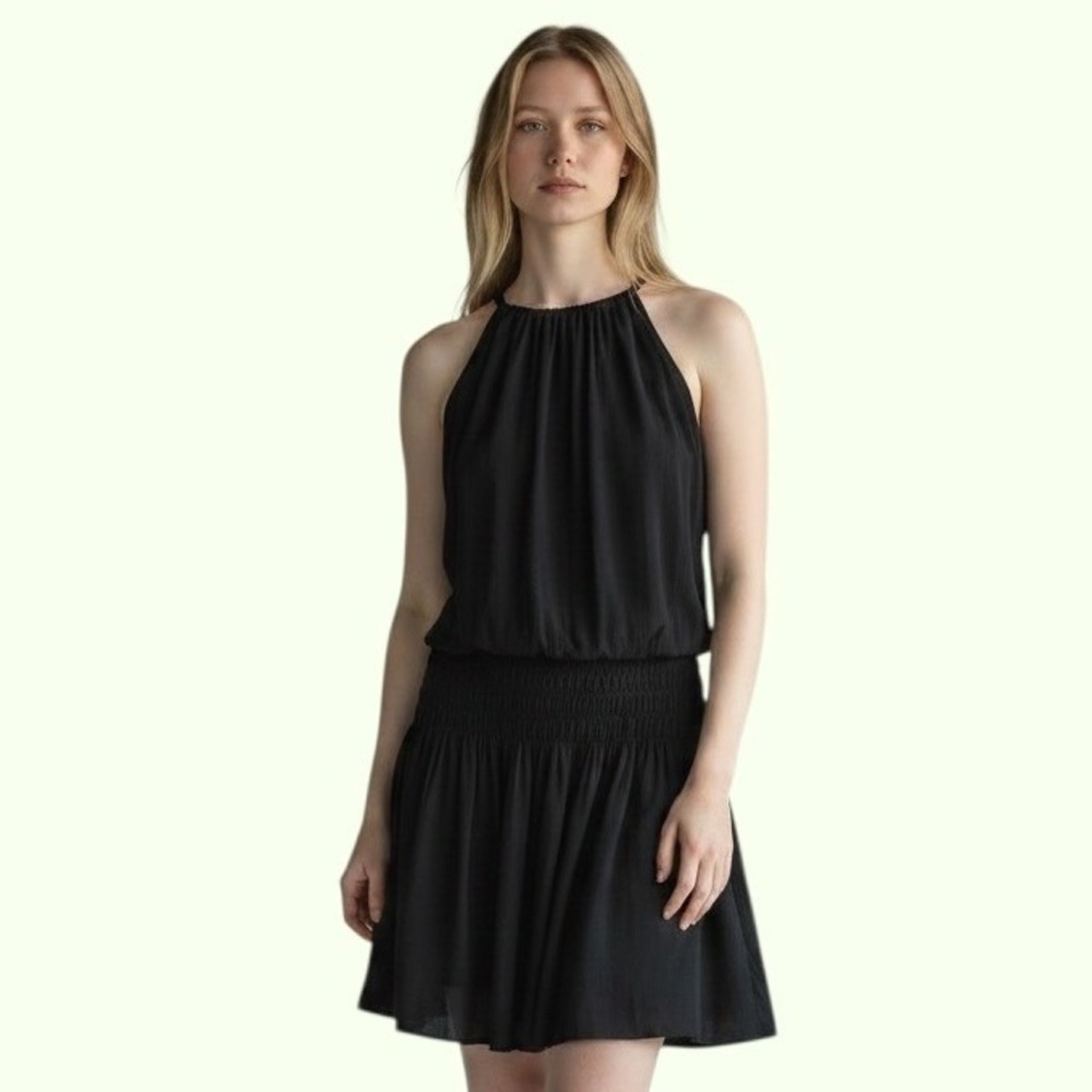 Do+Be Halter Mini Dress S Black Smocked Waist‎ Blouson Chic Cocktail LBD